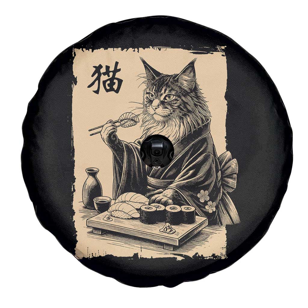 Vintage Japanese Cat Eating Sushi Spare Tire Cover Funny Maine Coon Kimono Gift