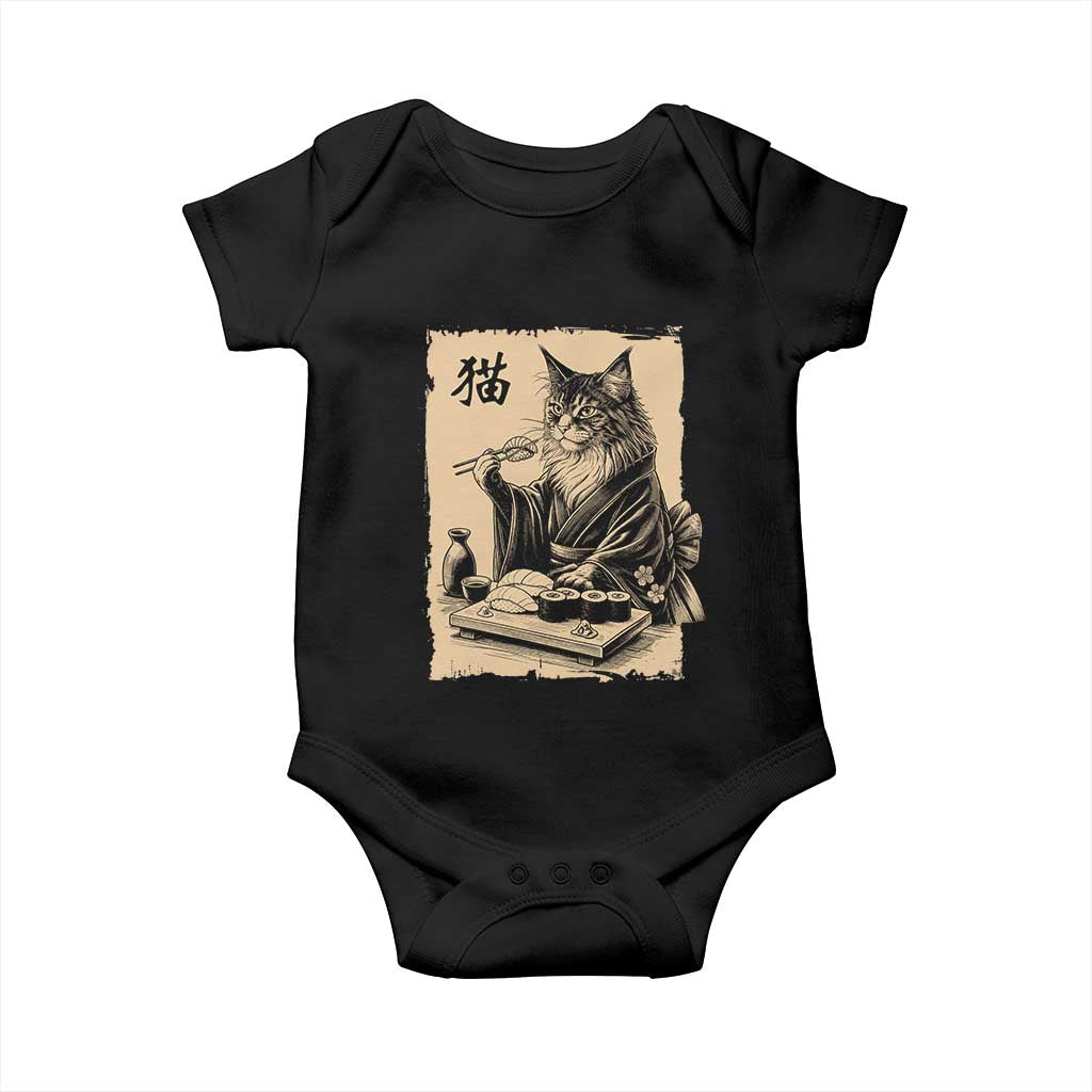 Vintage Japanese Cat Eating Sushi Baby Onesie Funny Maine Coon Kimono Gift