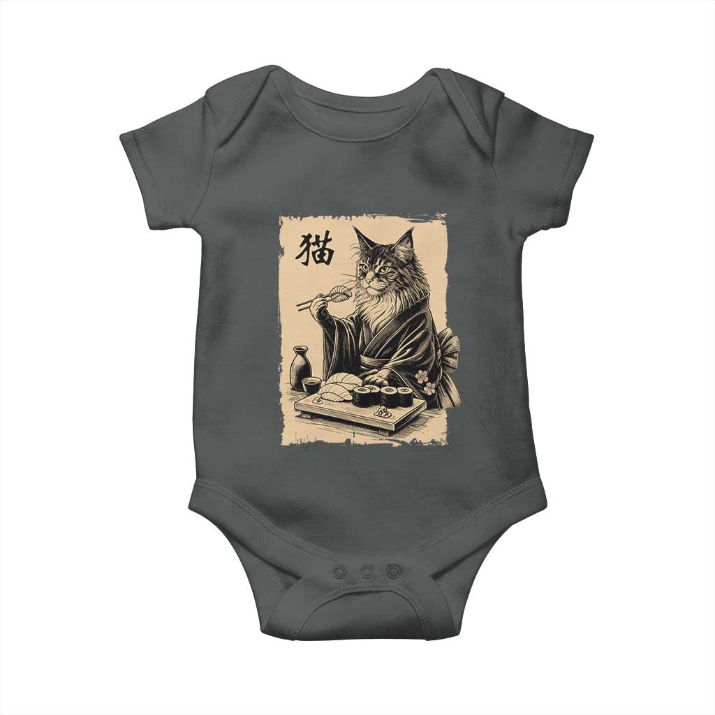 Vintage Japanese Cat Eating Sushi Baby Onesie Funny Maine Coon Kimono Gift