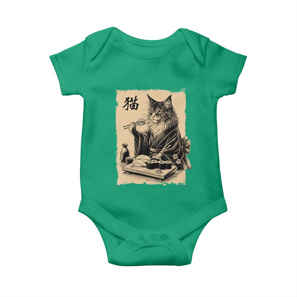 Vintage Japanese Cat Eating Sushi Baby Onesie Funny Maine Coon Kimono Gift