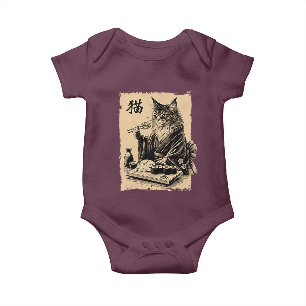 Vintage Japanese Cat Eating Sushi Baby Onesie Funny Maine Coon Kimono Gift