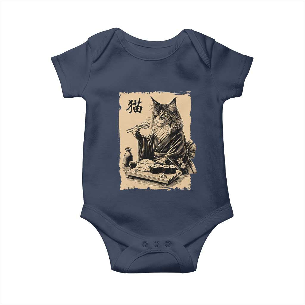 Vintage Japanese Cat Eating Sushi Baby Onesie Funny Maine Coon Kimono Gift