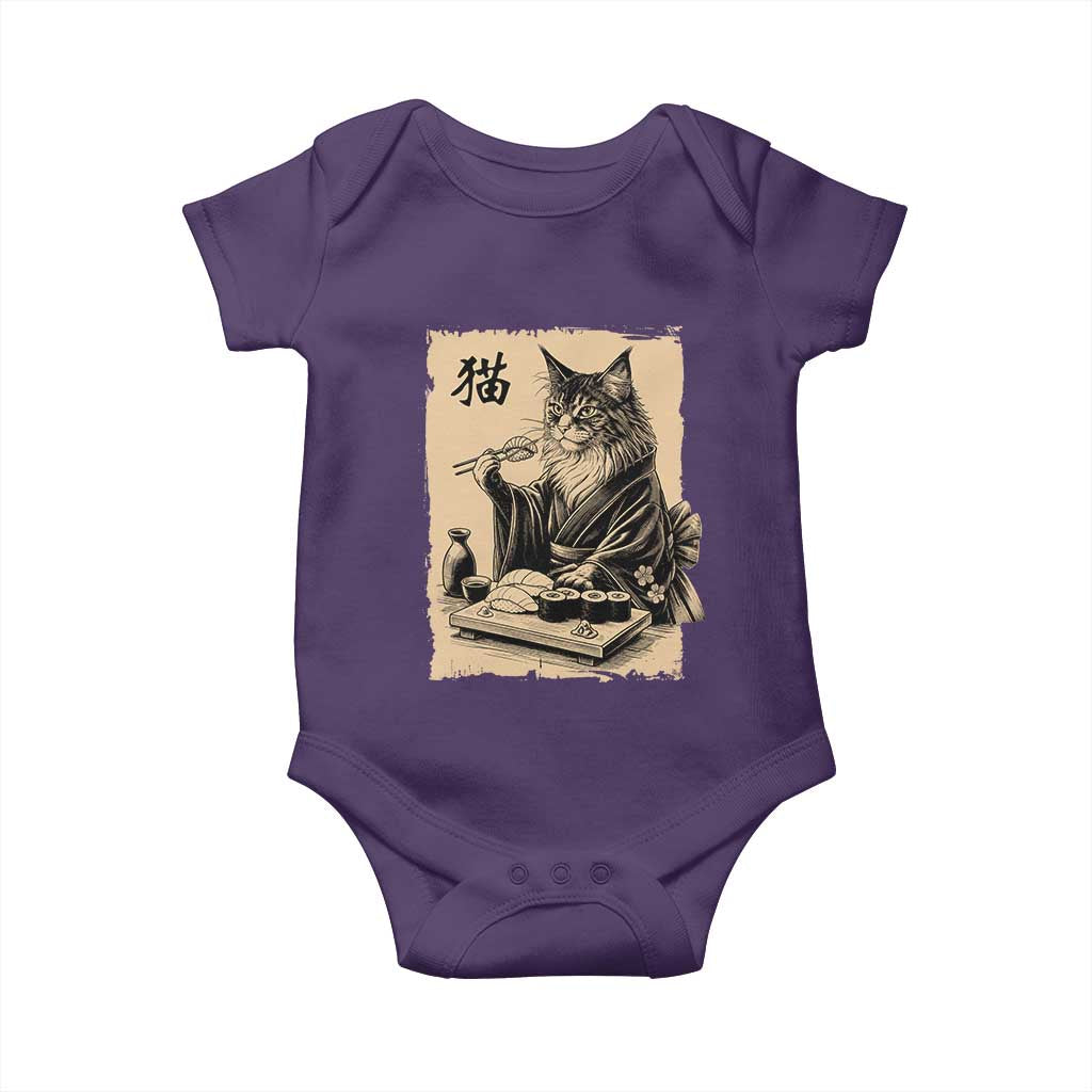 Vintage Japanese Cat Eating Sushi Baby Onesie Funny Maine Coon Kimono Gift