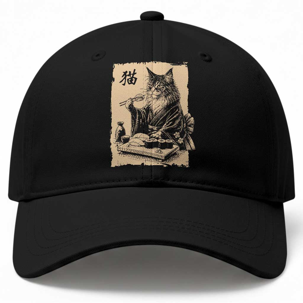 Vintage Japanese Cat Eating Sushi Baseball Cap Funny Maine Coon Kimono Gift