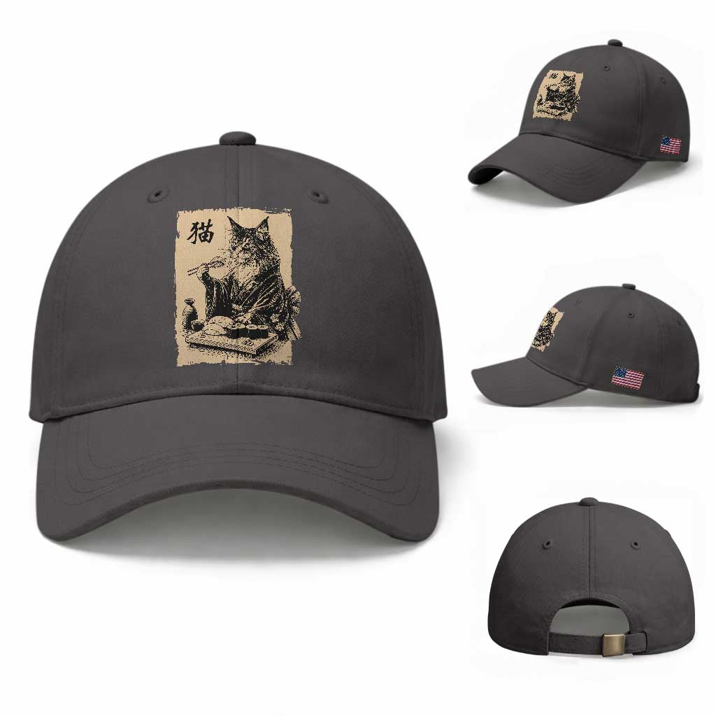 Vintage Japanese Cat Eating Sushi Baseball Cap Funny Maine Coon Kimono Gift