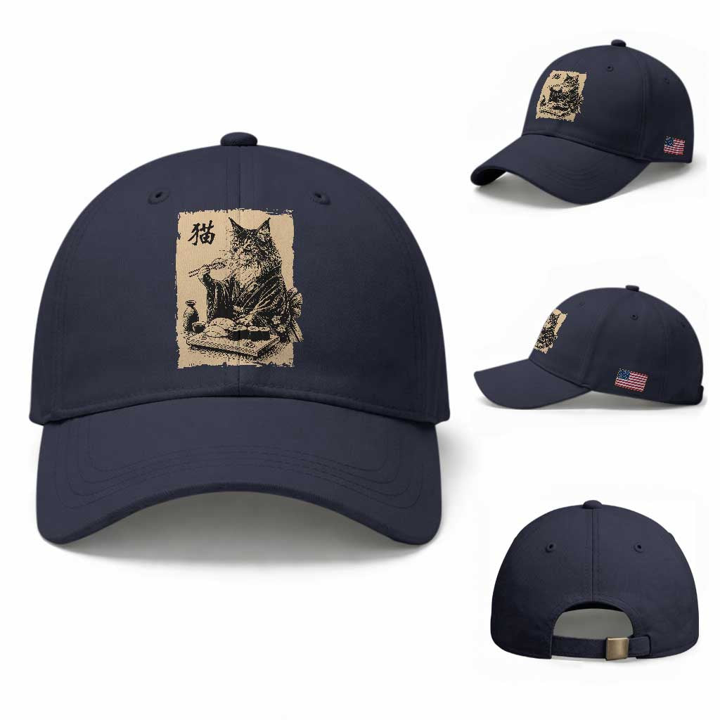 Vintage Japanese Cat Eating Sushi Baseball Cap Funny Maine Coon Kimono Gift