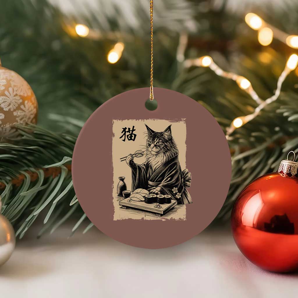 Vintage Japanese Cat Eating Sushi Ceramic Ornament Funny Maine Coon Kimono Gift
