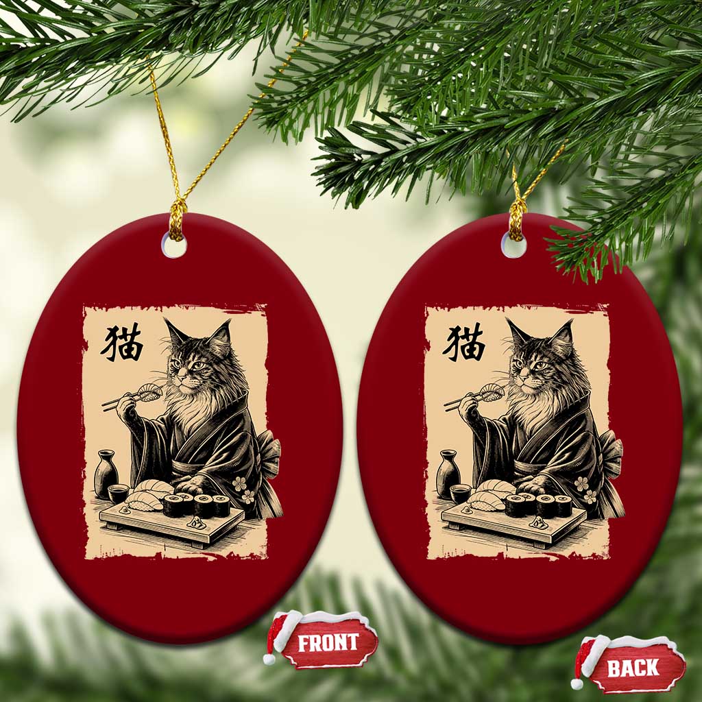Vintage Japanese Cat Eating Sushi Ceramic Ornament Funny Maine Coon Kimono Gift