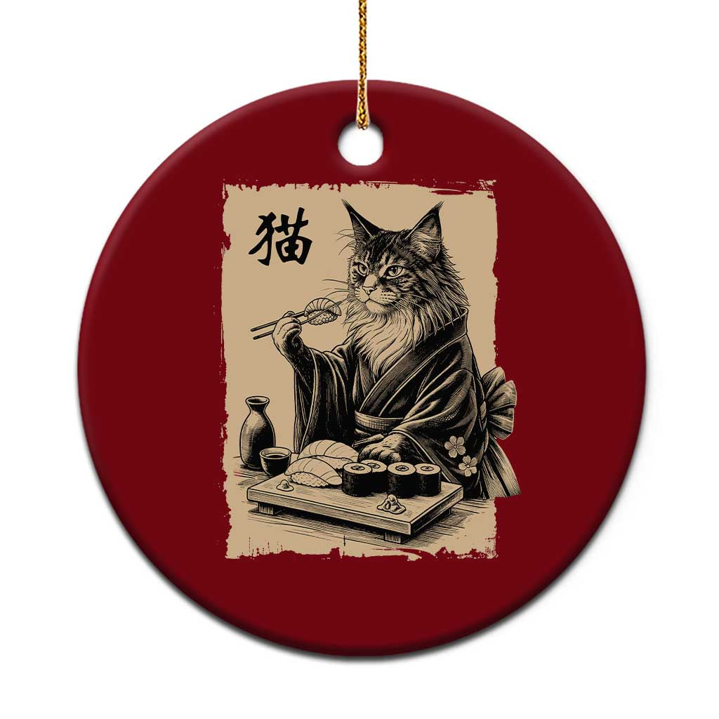 Vintage Japanese Cat Eating Sushi Ceramic Ornament Funny Maine Coon Kimono Gift