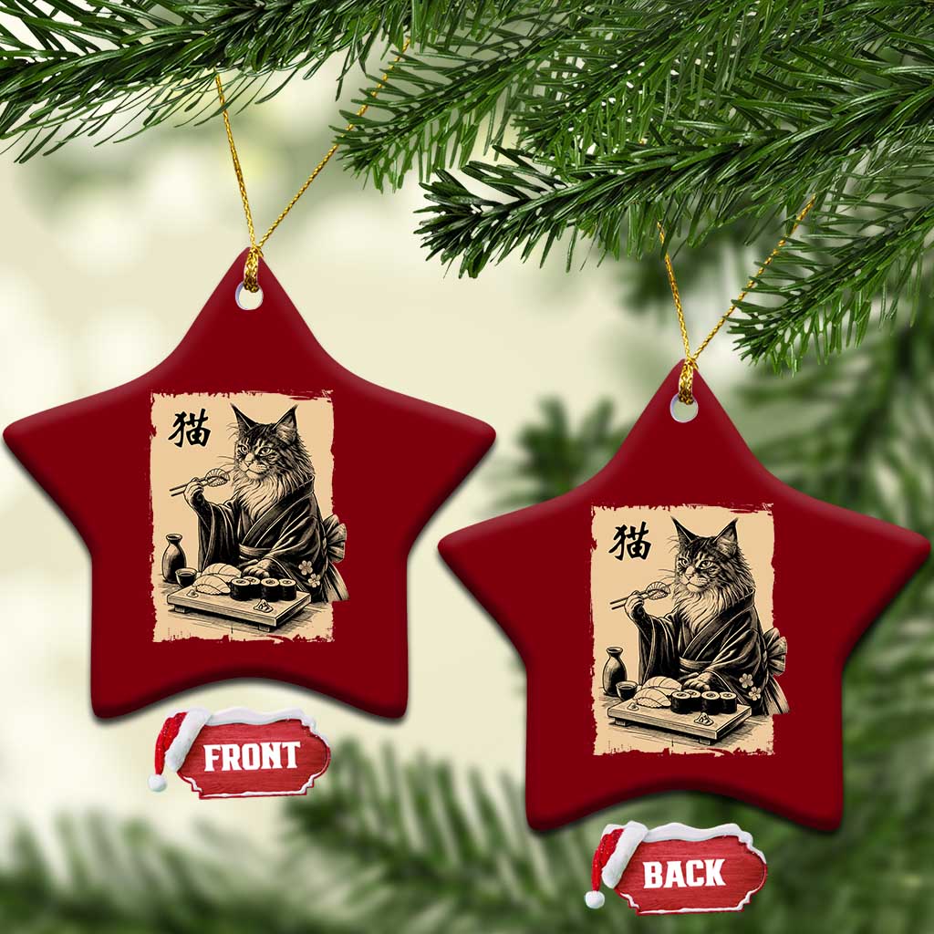 Vintage Japanese Cat Eating Sushi Ceramic Ornament Funny Maine Coon Kimono Gift