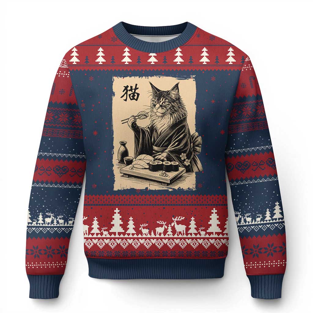 Vintage Japanese Cat Eating Sushi Ugly Christmas Sweater Funny Maine Coon Kimono Gift