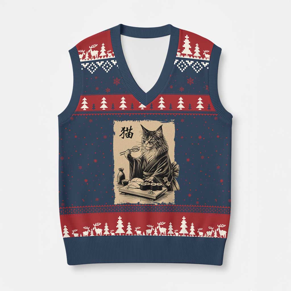 Vintage Japanese Cat Eating Sushi V-Neck Knit Sweater Vest Funny Maine Coon Kimono Gift
