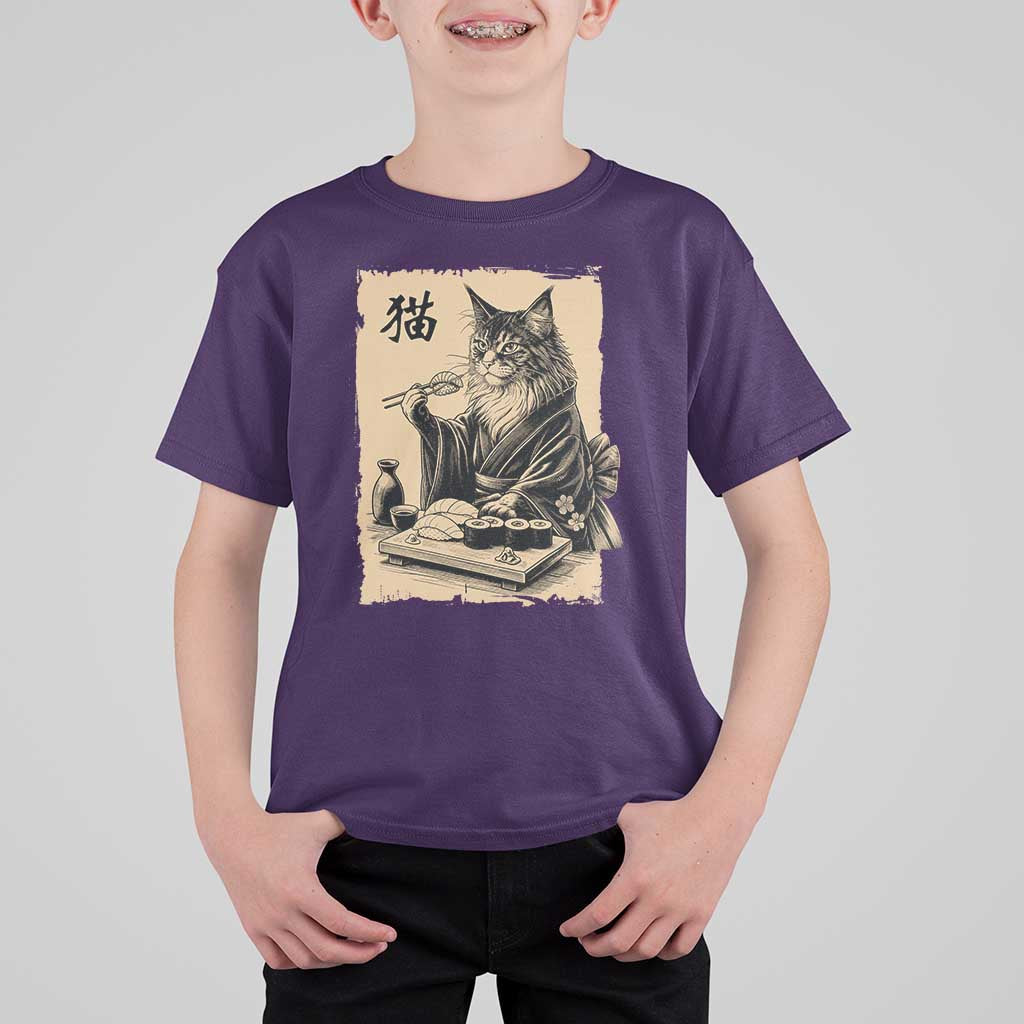 Vintage Japanese Cat Eating Sushi T Shirt For Kid Funny Maine Coon Kimono Gift