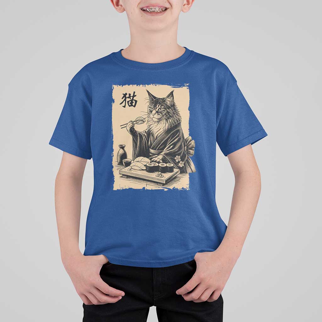 Vintage Japanese Cat Eating Sushi T Shirt For Kid Funny Maine Coon Kimono Gift