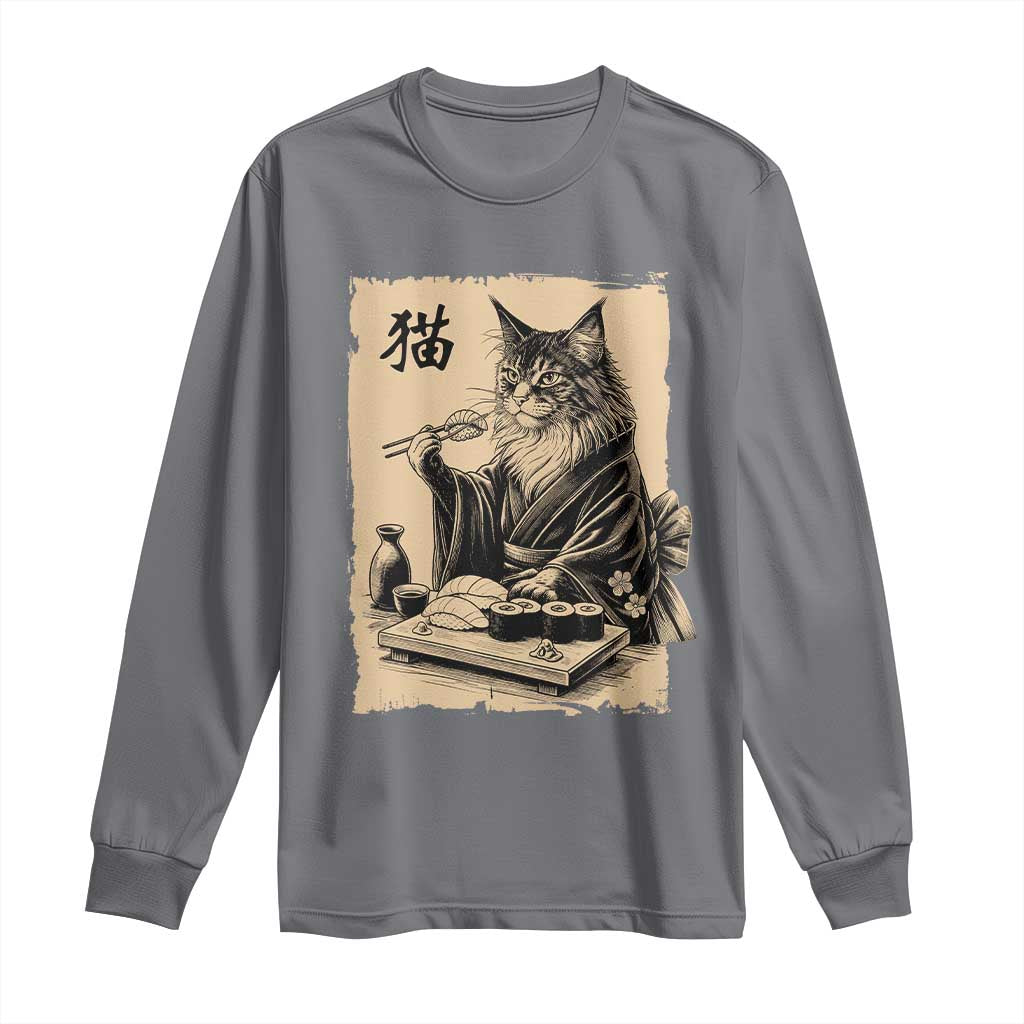 Vintage Japanese Cat Eating Sushi Long Sleeve Shirt Funny Maine Coon Kimono Gift