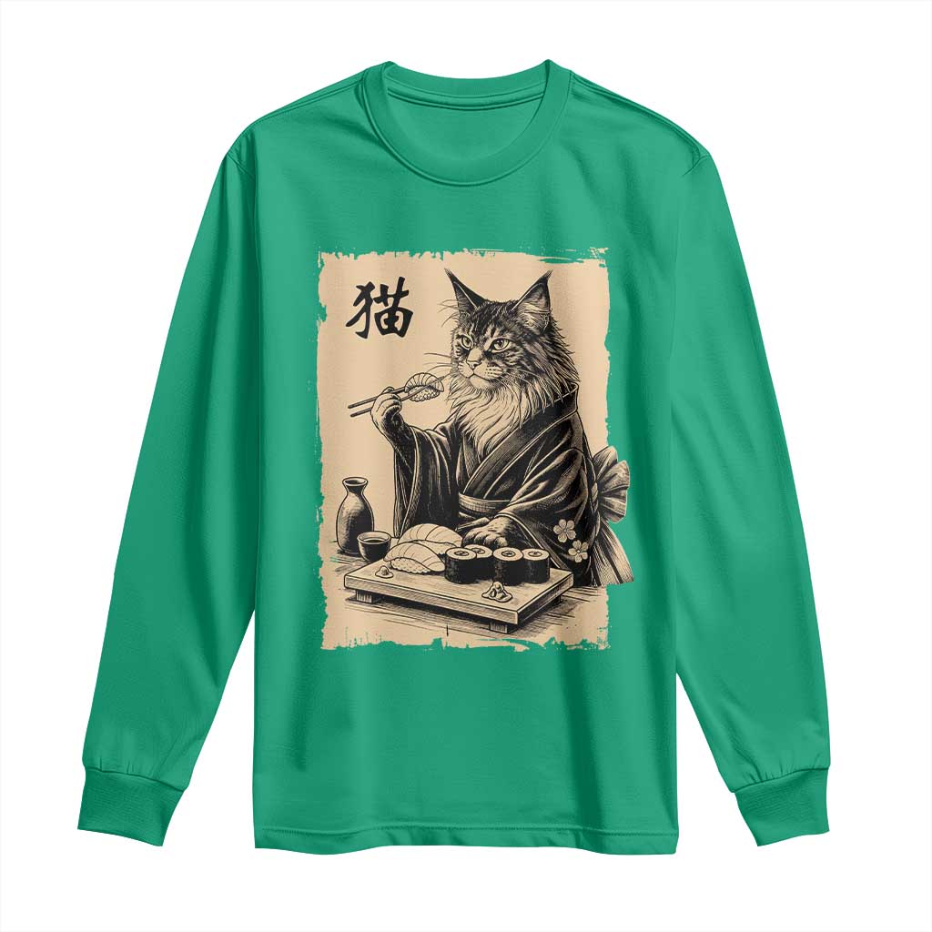 Vintage Japanese Cat Eating Sushi Long Sleeve Shirt Funny Maine Coon Kimono Gift