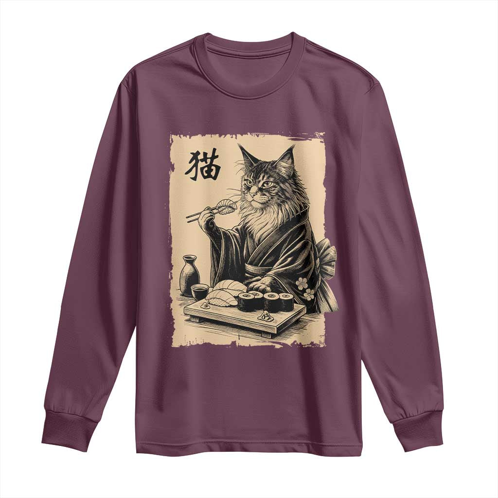 Vintage Japanese Cat Eating Sushi Long Sleeve Shirt Funny Maine Coon Kimono Gift