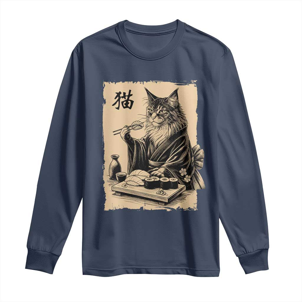 Vintage Japanese Cat Eating Sushi Long Sleeve Shirt Funny Maine Coon Kimono Gift