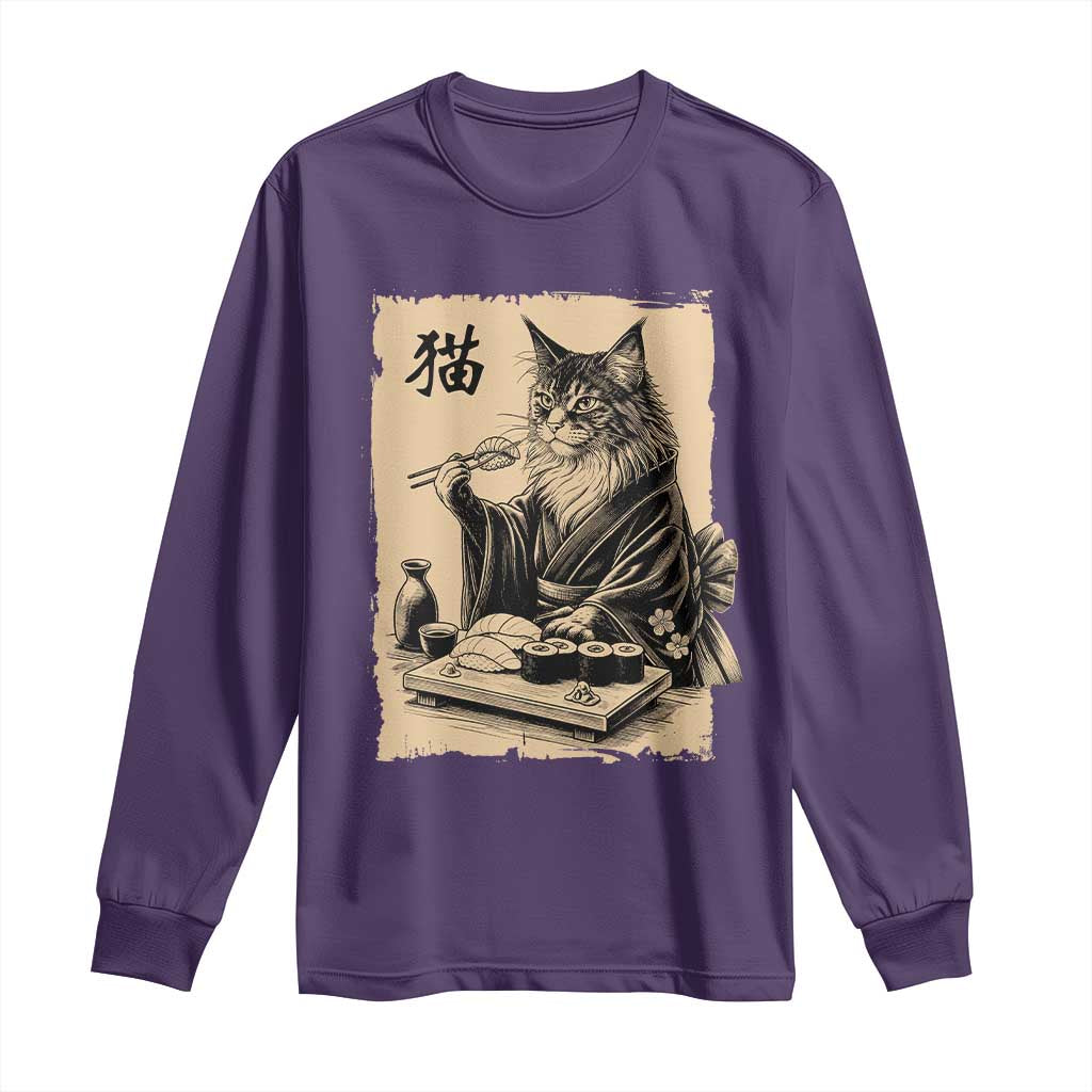 Vintage Japanese Cat Eating Sushi Long Sleeve Shirt Funny Maine Coon Kimono Gift