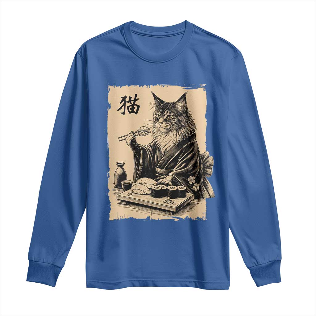 Vintage Japanese Cat Eating Sushi Long Sleeve Shirt Funny Maine Coon Kimono Gift