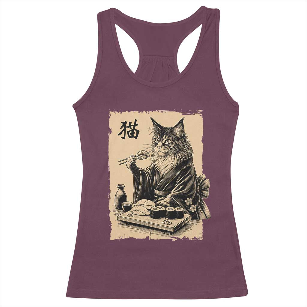 Vintage Japanese Cat Eating Sushi Racerback Tank Top Funny Maine Coon Kimono Gift