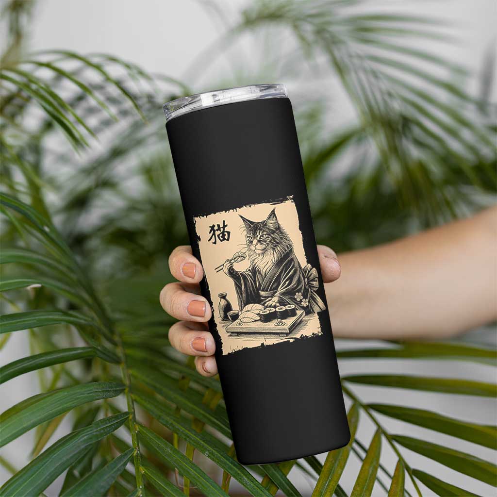 Vintage Japanese Cat Eating Sushi Skinny Tumbler Funny Maine Coon Kimono Gift