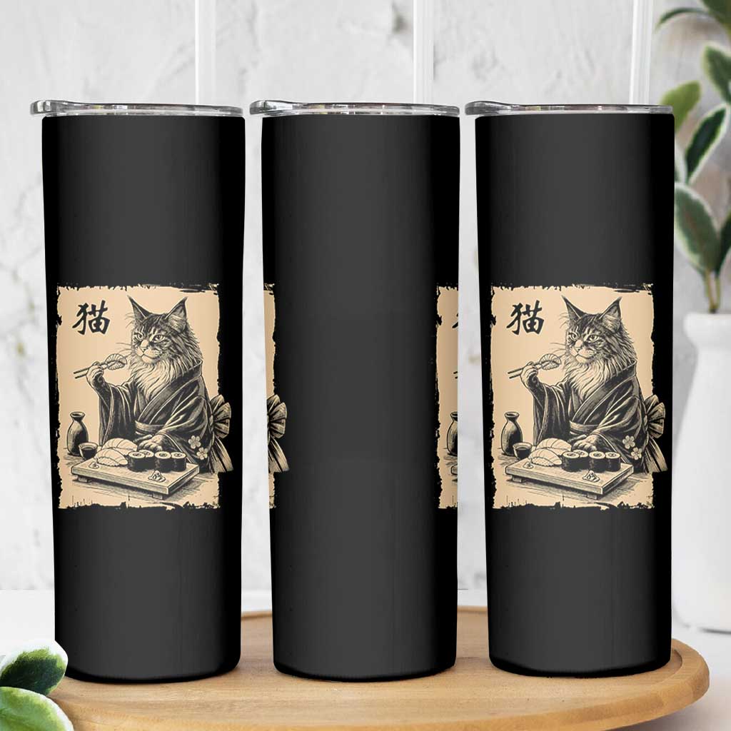 Vintage Japanese Cat Eating Sushi Skinny Tumbler Funny Maine Coon Kimono Gift