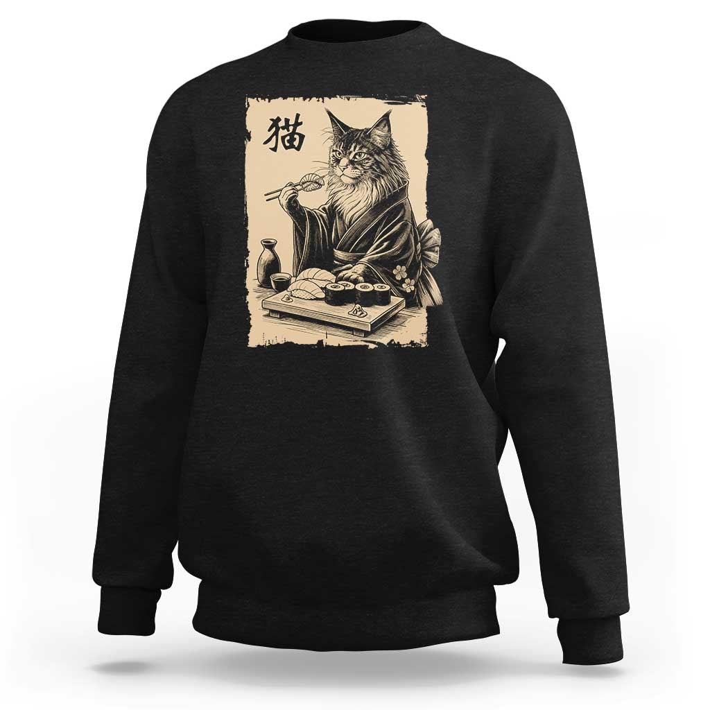 Vintage Japanese Cat Eating Sushi Sweatshirt Funny Maine Coon Kimono Gift