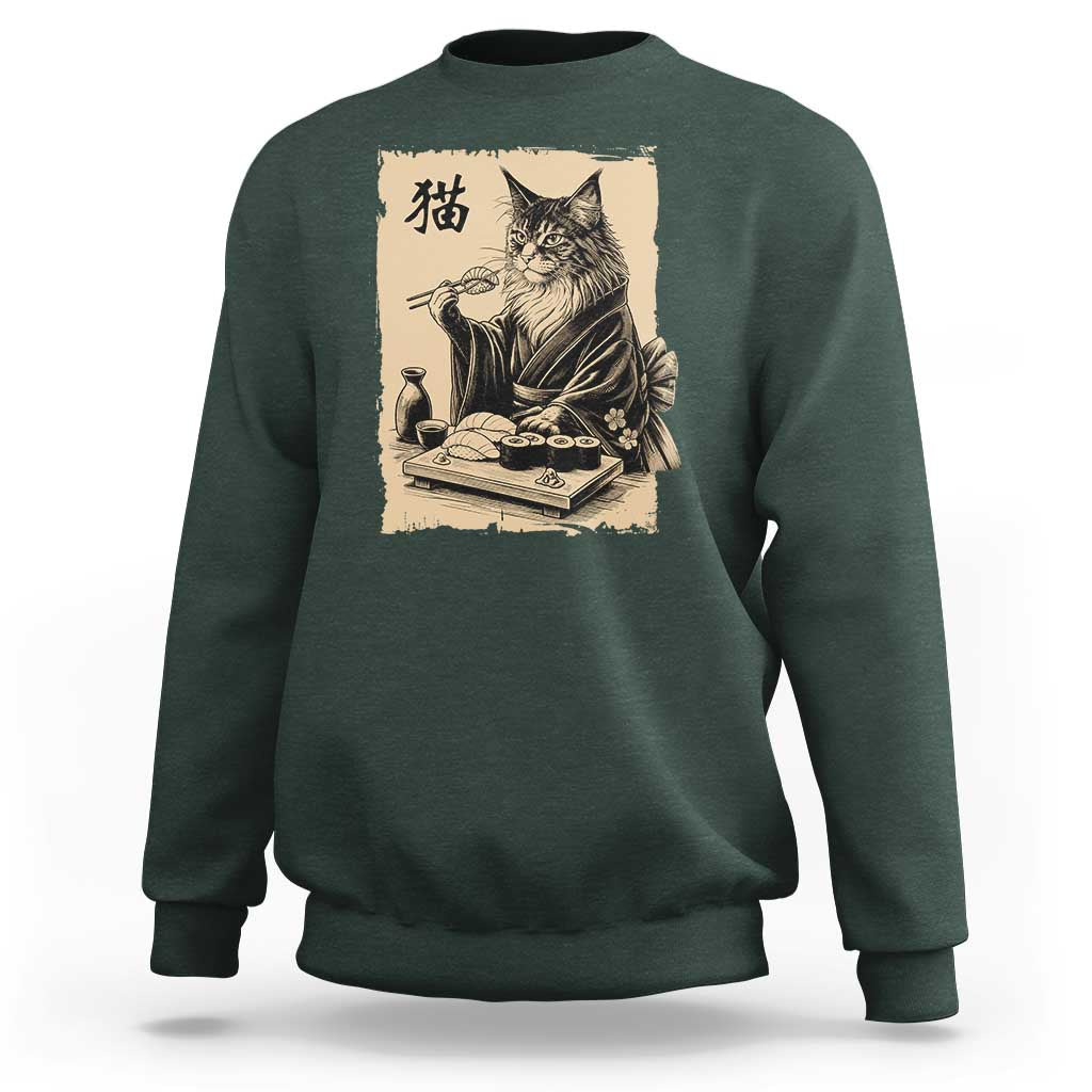 Vintage Japanese Cat Eating Sushi Sweatshirt Funny Maine Coon Kimono Gift