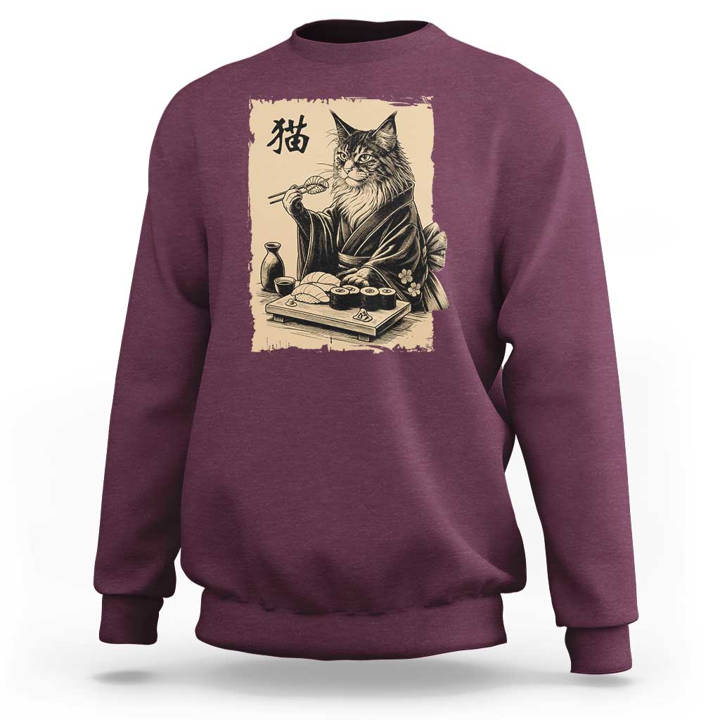 Vintage Japanese Cat Eating Sushi Sweatshirt Funny Maine Coon Kimono Gift