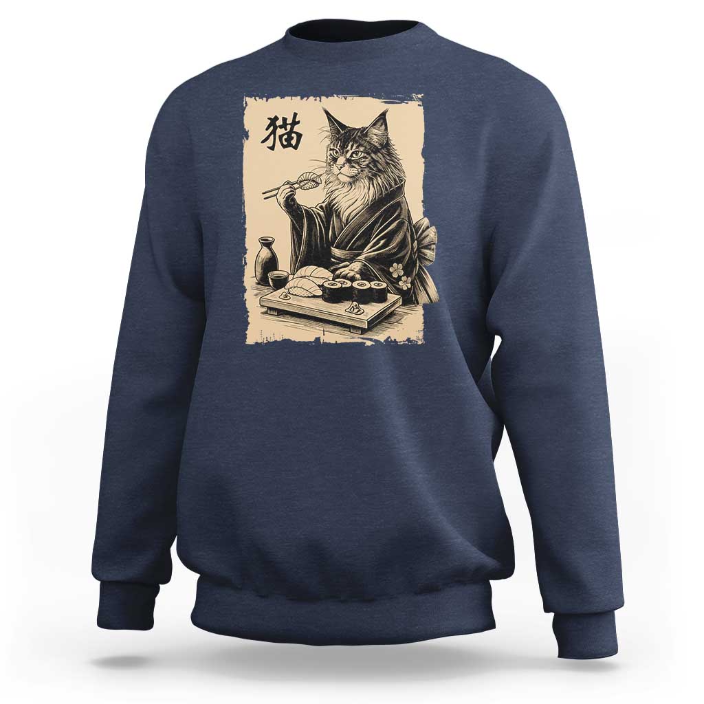 Vintage Japanese Cat Eating Sushi Sweatshirt Funny Maine Coon Kimono Gift