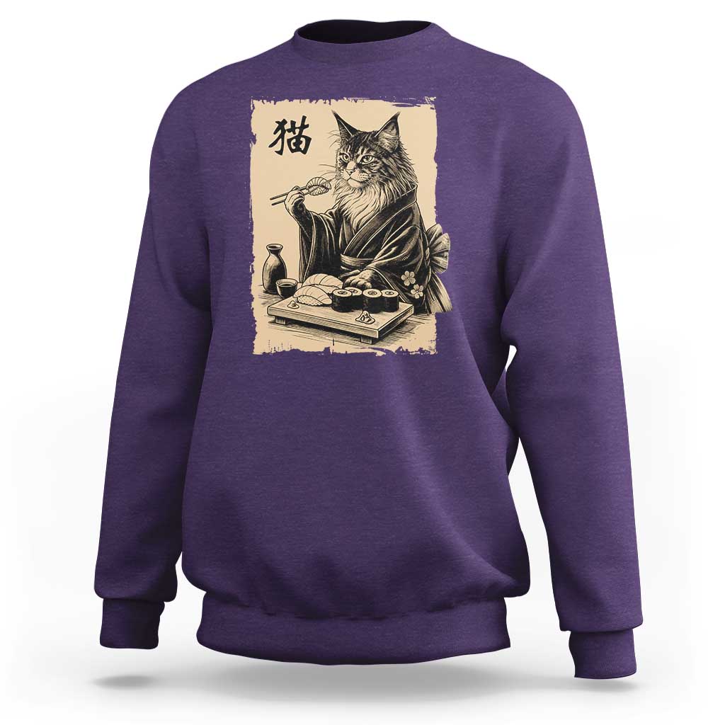 Vintage Japanese Cat Eating Sushi Sweatshirt Funny Maine Coon Kimono Gift
