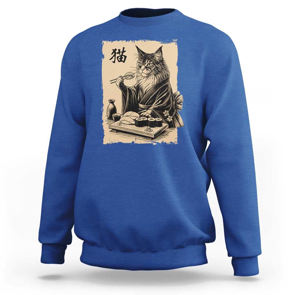 Vintage Japanese Cat Eating Sushi Sweatshirt Funny Maine Coon Kimono Gift