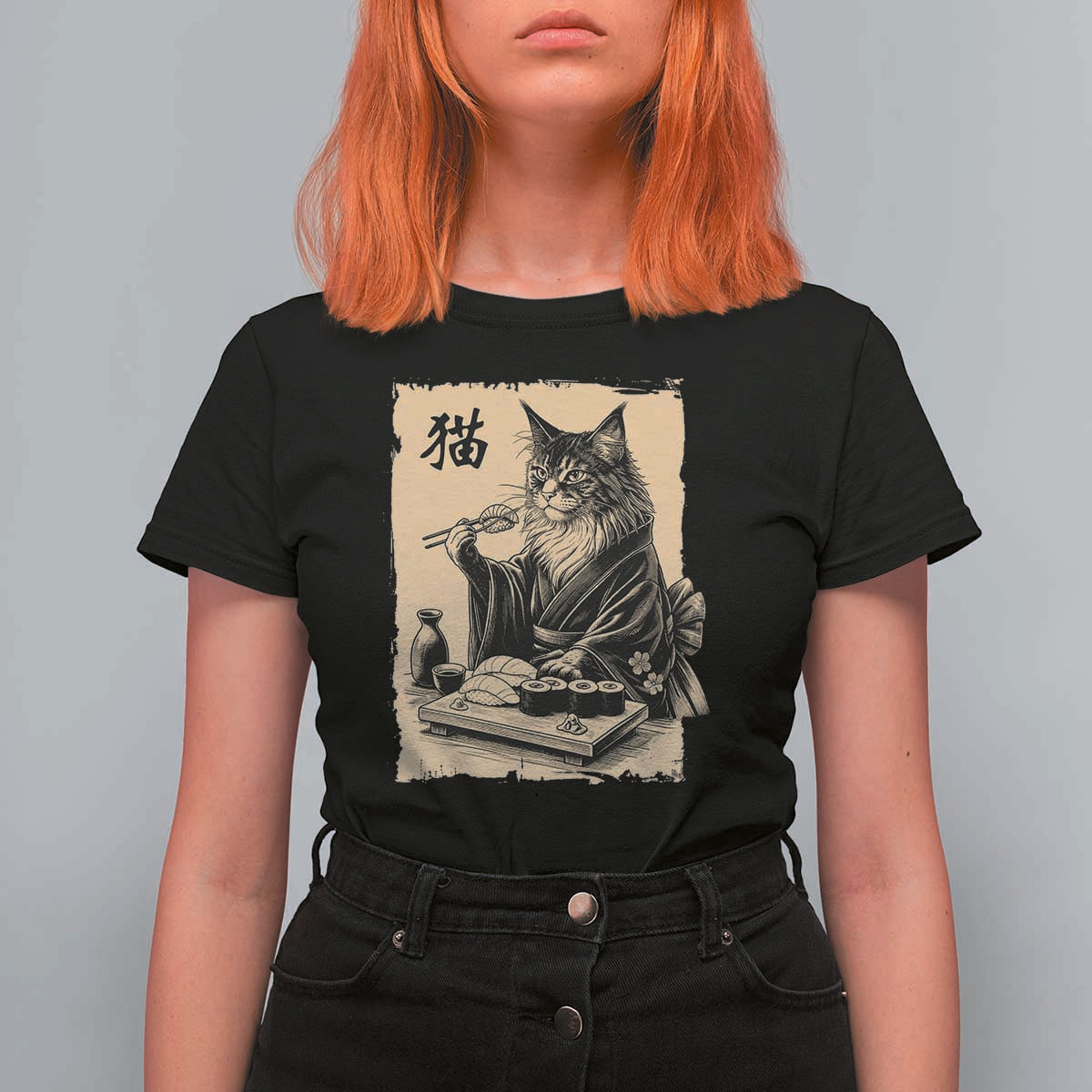 Vintage Japanese Cat Eating Sushi T Shirt For Women Funny Maine Coon Kimono Gift