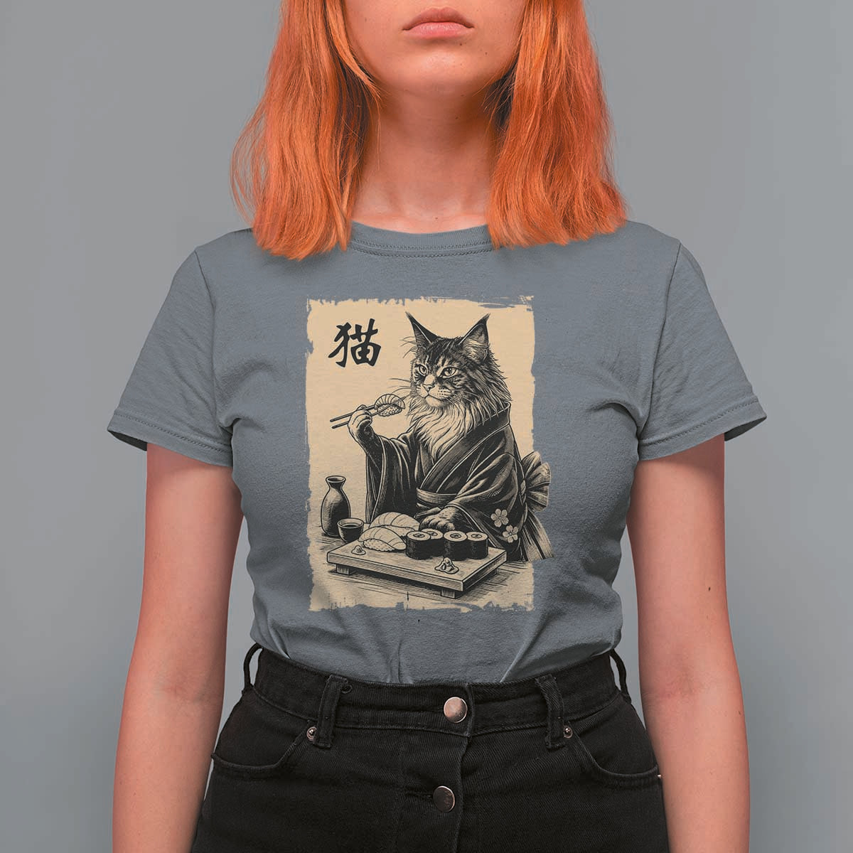 Vintage Japanese Cat Eating Sushi T Shirt For Women Funny Maine Coon Kimono Gift