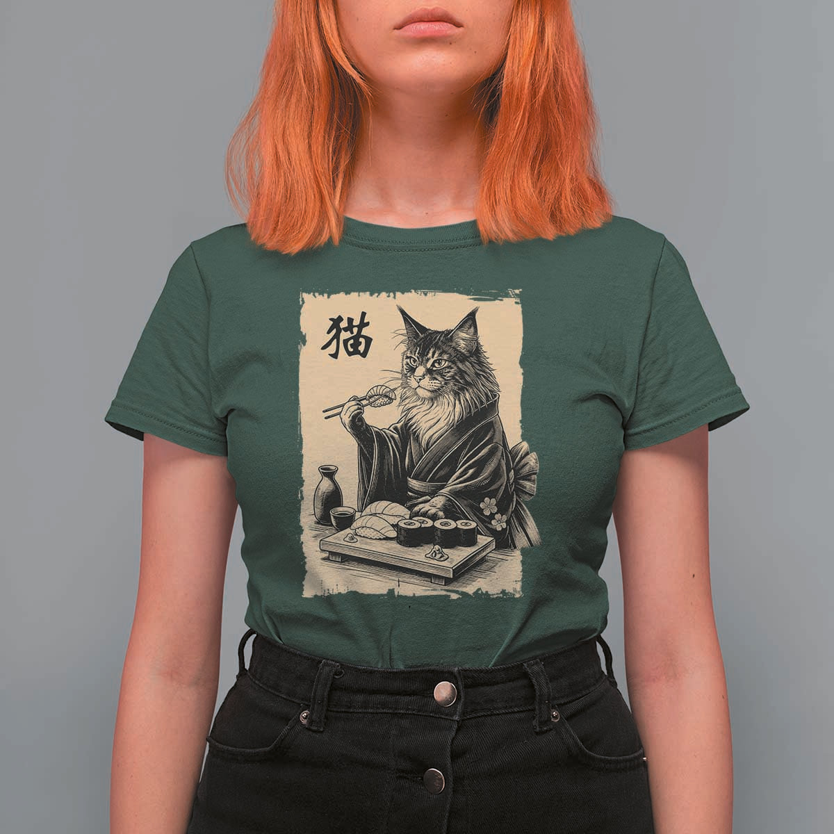 Vintage Japanese Cat Eating Sushi T Shirt For Women Funny Maine Coon Kimono Gift