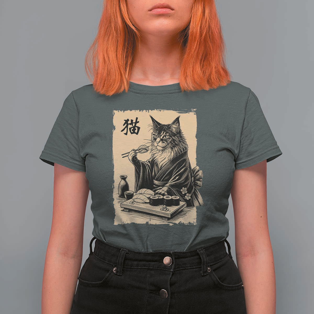 Vintage Japanese Cat Eating Sushi T Shirt For Women Funny Maine Coon Kimono Gift