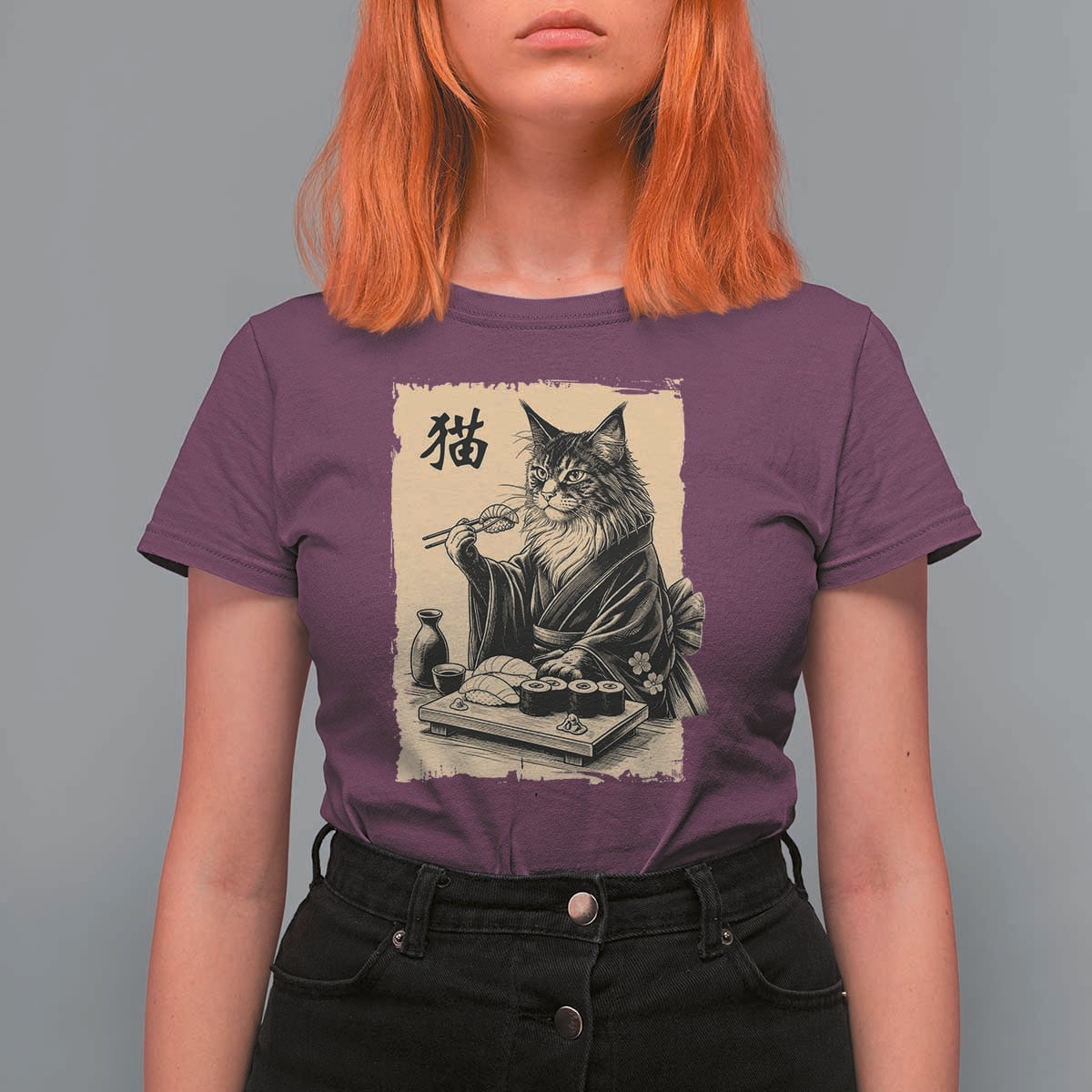 Vintage Japanese Cat Eating Sushi T Shirt For Women Funny Maine Coon Kimono Gift