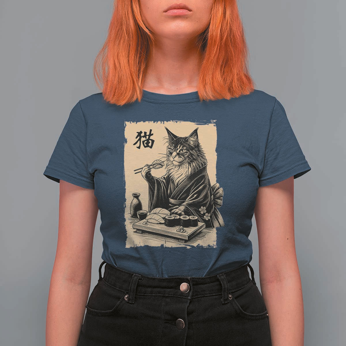 Vintage Japanese Cat Eating Sushi T Shirt For Women Funny Maine Coon Kimono Gift