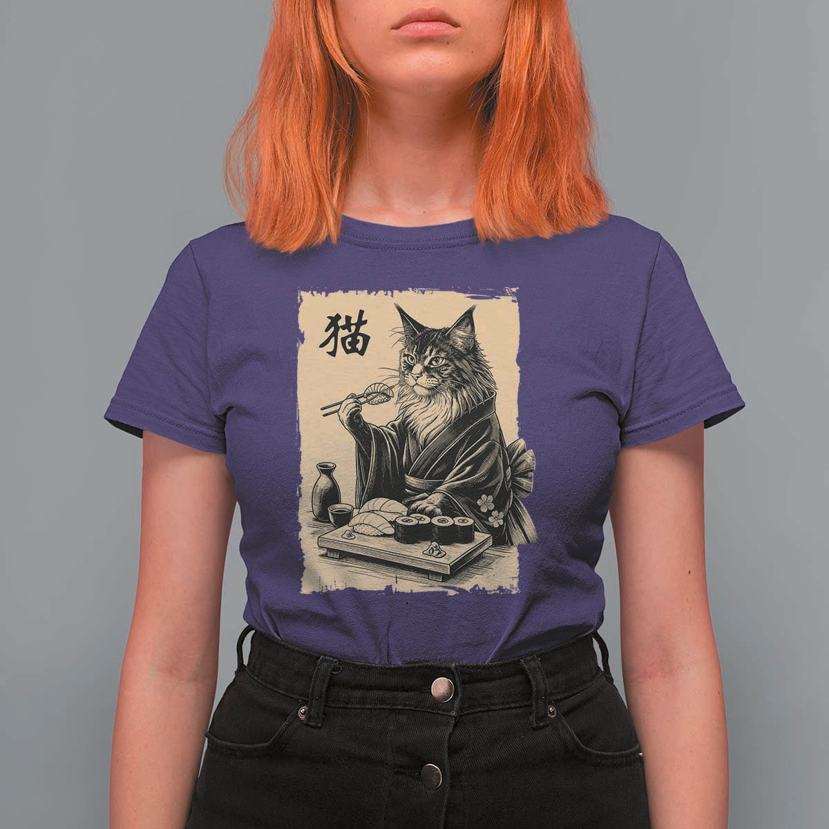 Vintage Japanese Cat Eating Sushi T Shirt For Women Funny Maine Coon Kimono Gift