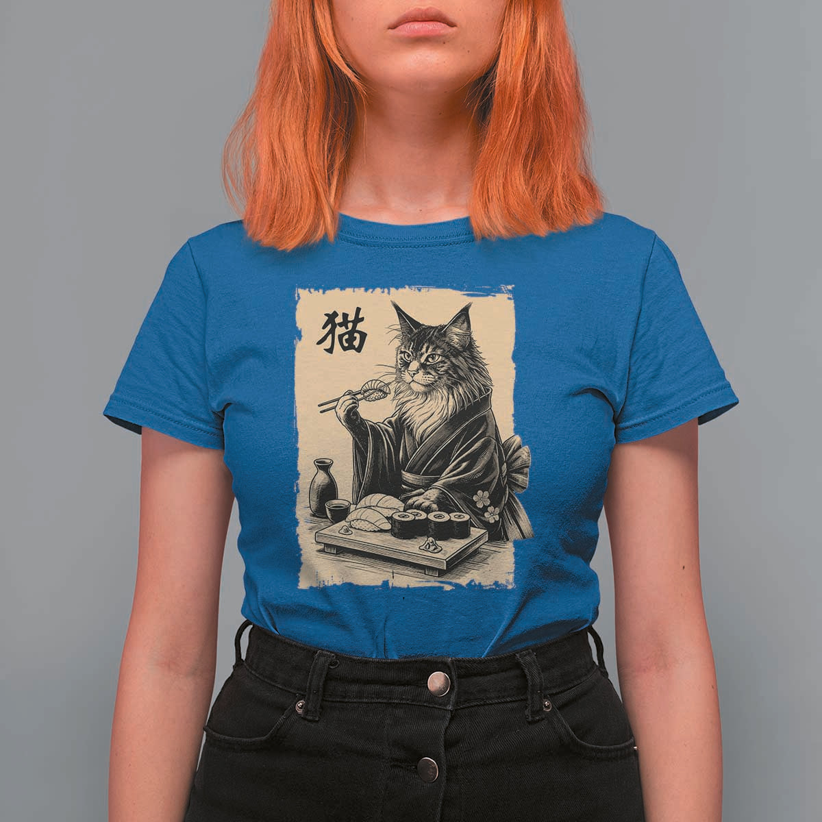 Vintage Japanese Cat Eating Sushi T Shirt For Women Funny Maine Coon Kimono Gift