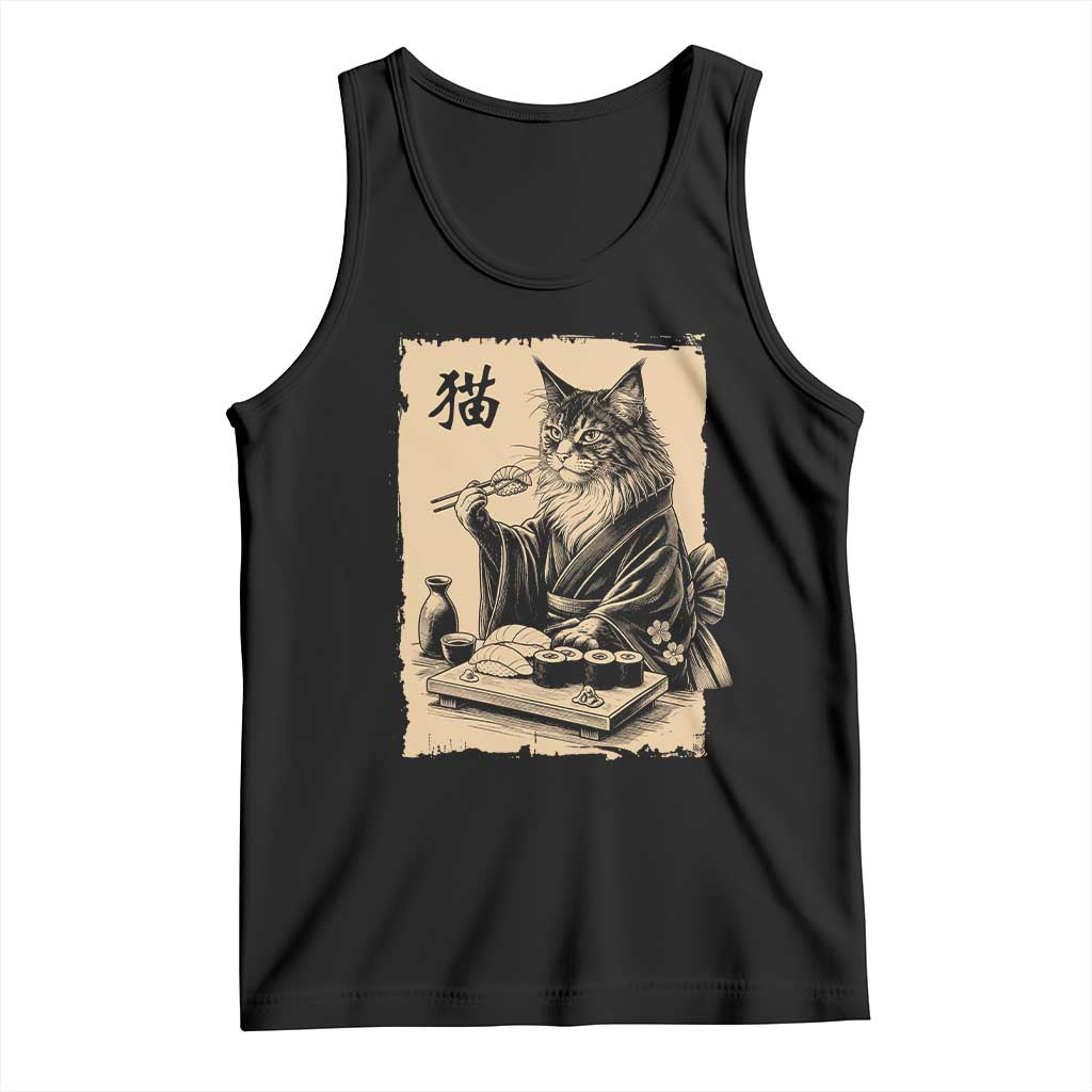 Vintage Japanese Cat Eating Sushi Tank Top Funny Maine Coon Kimono Gift