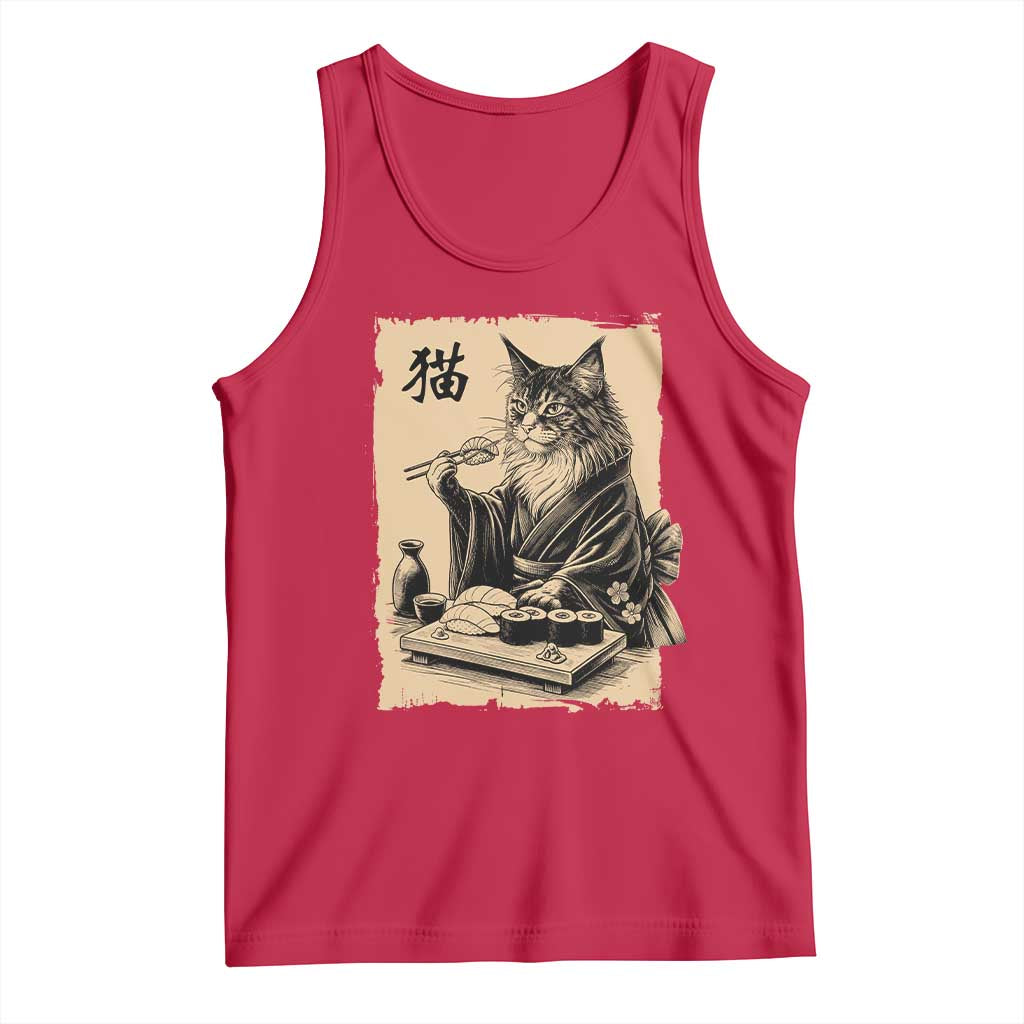 Vintage Japanese Cat Eating Sushi Tank Top Funny Maine Coon Kimono Gift