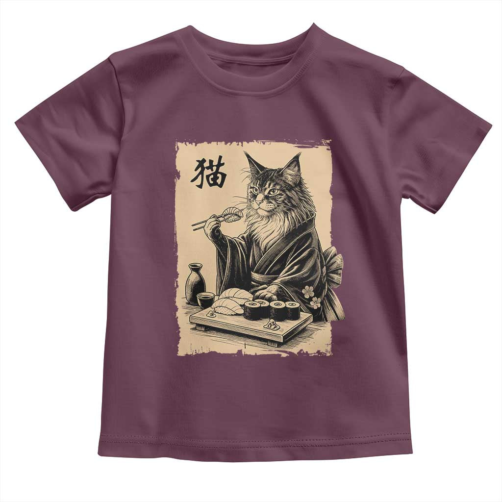 Vintage Japanese Cat Eating Sushi Toddler T Shirt Funny Maine Coon Kimono Gift