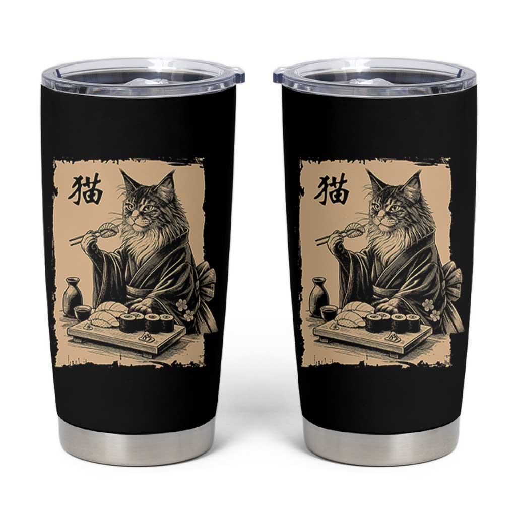 Vintage Japanese Cat Eating Sushi Tumbler Cup Funny Maine Coon Kimono Gift