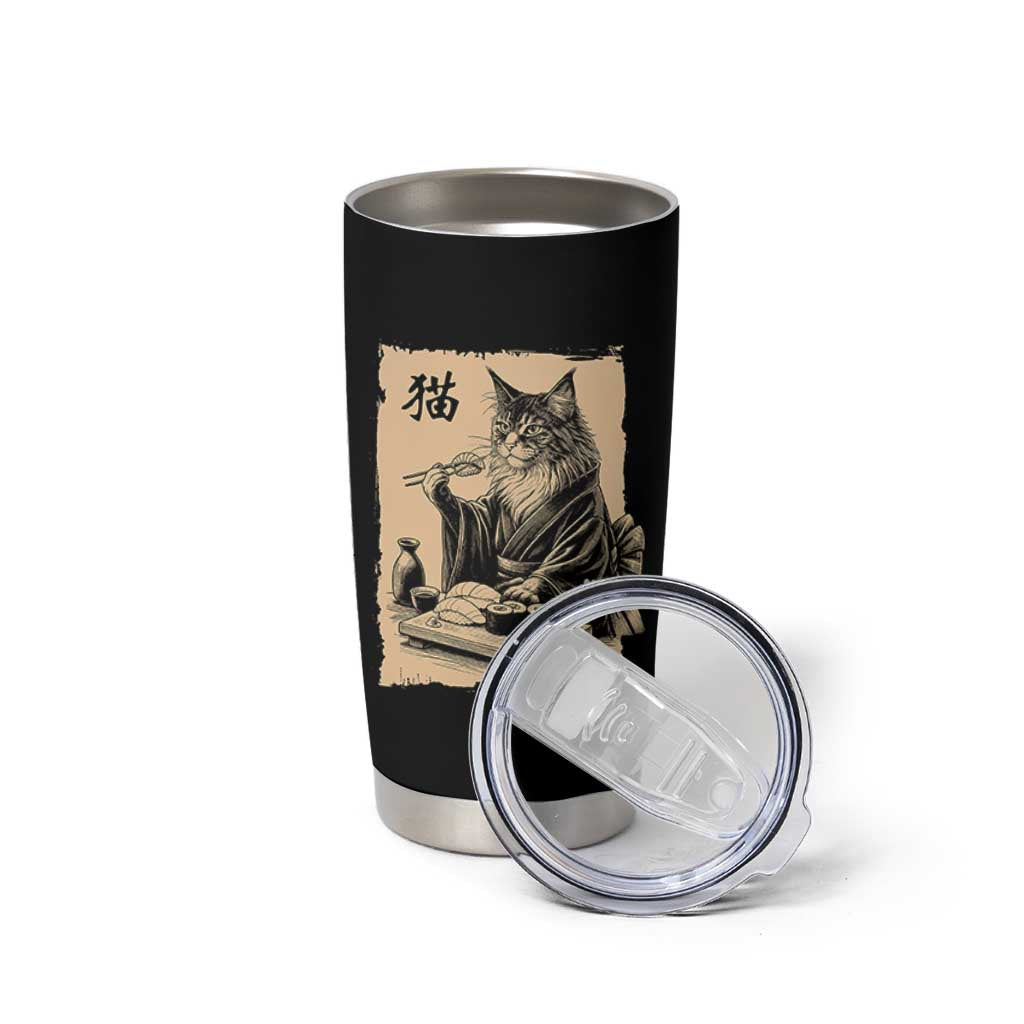 Vintage Japanese Cat Eating Sushi Tumbler Cup Funny Maine Coon Kimono Gift