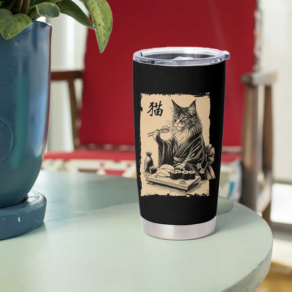 Vintage Japanese Cat Eating Sushi Tumbler Cup Funny Maine Coon Kimono Gift