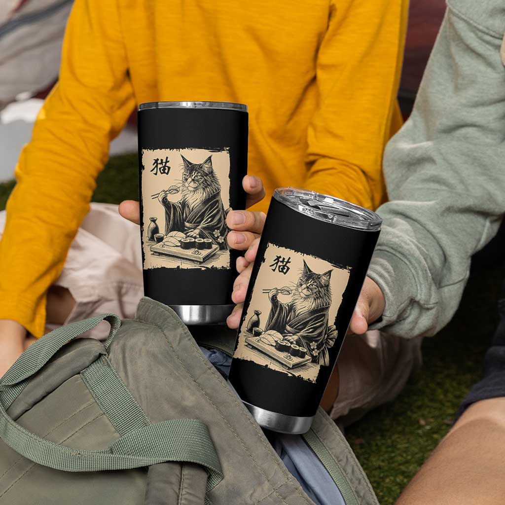 Vintage Japanese Cat Eating Sushi Tumbler Cup Funny Maine Coon Kimono Gift