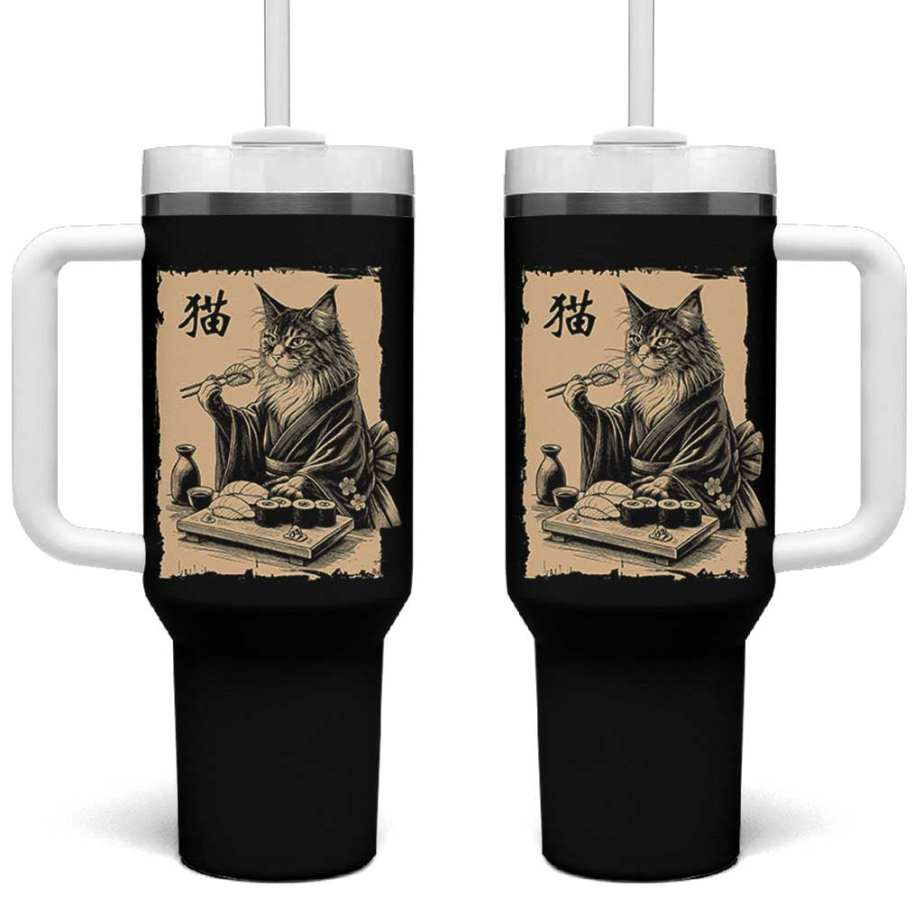 Vintage Japanese Cat Eating Sushi Tumbler With Handle Funny Maine Coon Kimono Gift