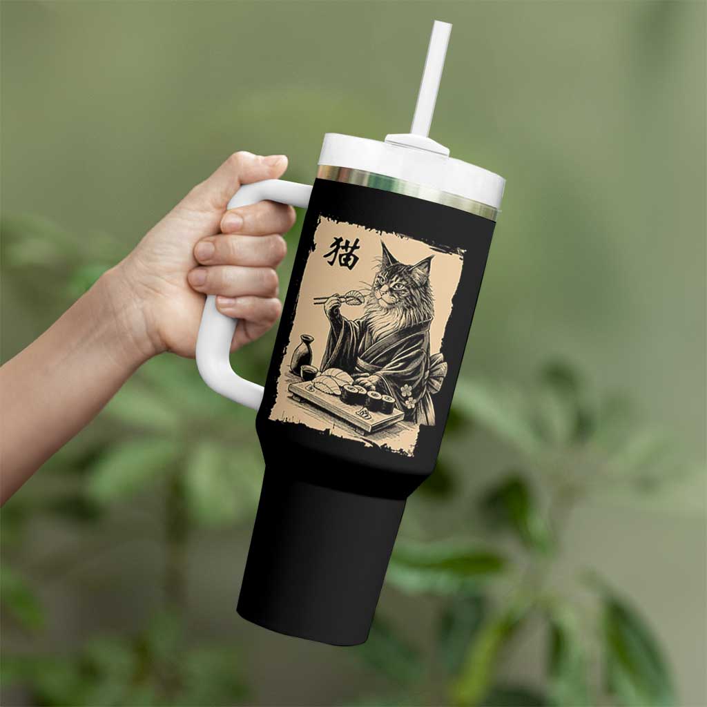 Vintage Japanese Cat Eating Sushi Tumbler With Handle Funny Maine Coon Kimono Gift